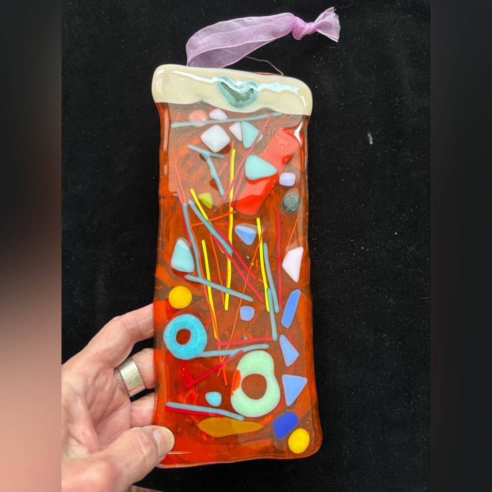 "October “ Fused Art Glass  Hanging Plaque 9”x4” Abstract Design
